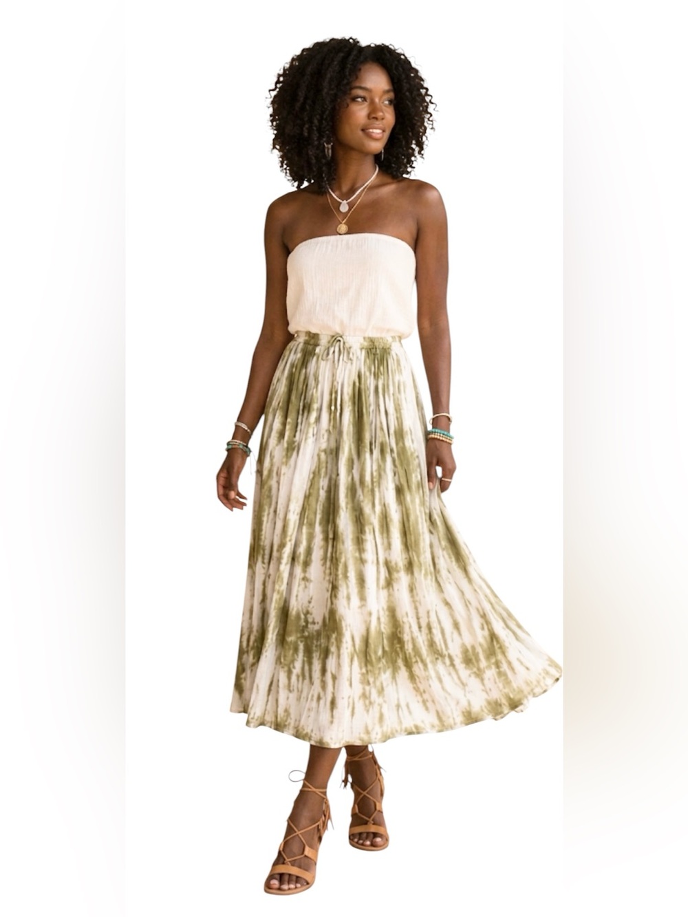 Metrowear New York Green & White Tie Dye Pleated Midi Skirt Boho Chic Medium - Picture 8 of 8